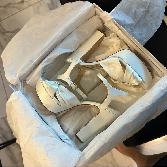 Jimmy Choo Heloise White Satin Platform Heels 120 MM - Picture 9 of 11